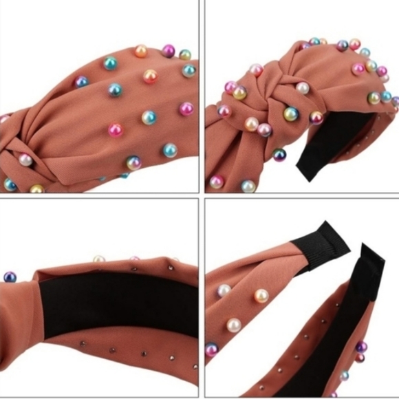 Mustard Knotted Multicolor Pearl Embellished Soft HeadBand - Picture 8 of 12